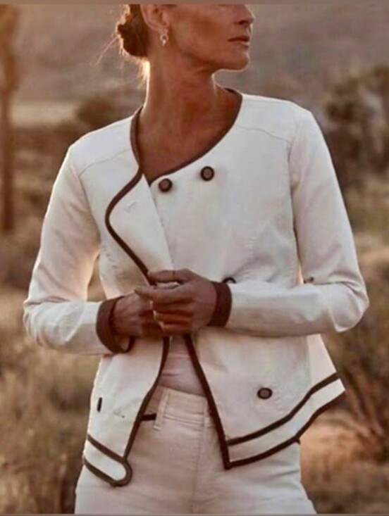 White House Black Market Jackets & Blazers - WHBM White and Brown Camel Trim Women's Double Breasted Coat Jacket